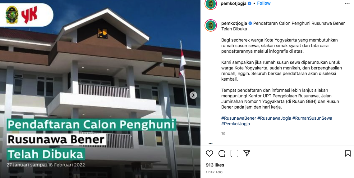 Pendaftaran Calon Penghuni Rusunawa Bener