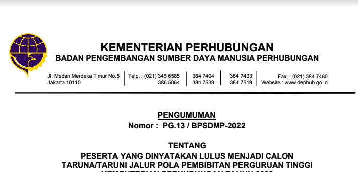 Hasil Pengumuman Sipencatar Kemenhub